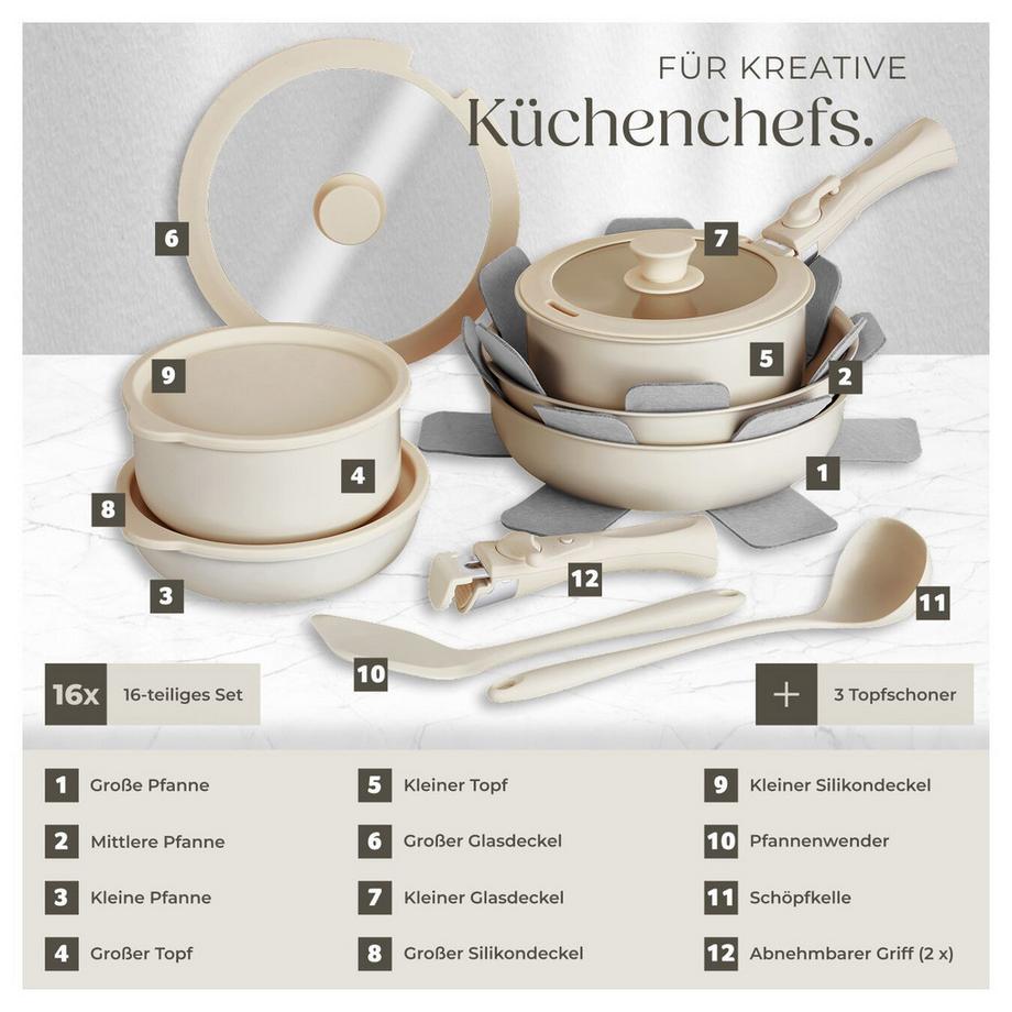 Tectake Set di pentole Genova 16 pezzi, adatto per induzione  