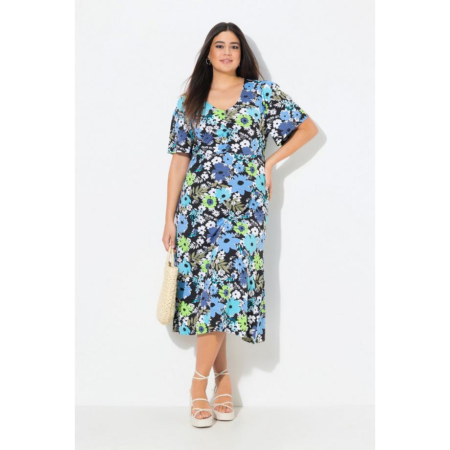 Ulla Popken Jersey Midikleid A-Linie V-Ausschnitt Halbarm  