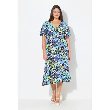 Jersey-Midikleid, A-Linie, V-Ausschnitt, Halbarm