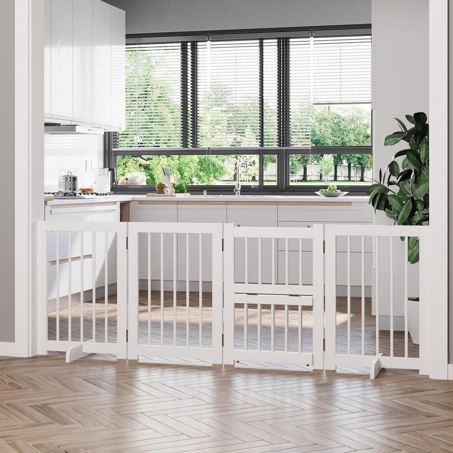 Northio  Hunde Absperrgitter Türschutzgitter 2 Stützfüße Klappbar Schutzgitter 4 Stück Kiefer Weiß 215X38X75Cm 