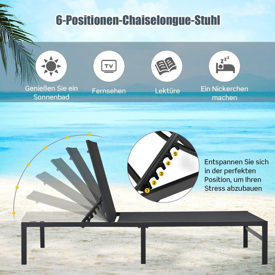Northix Sonnenliegestuhl für Außenbereich Anpassbarer Liegestuhl 64 x 198 x 67 - 103 cm Schwarz  