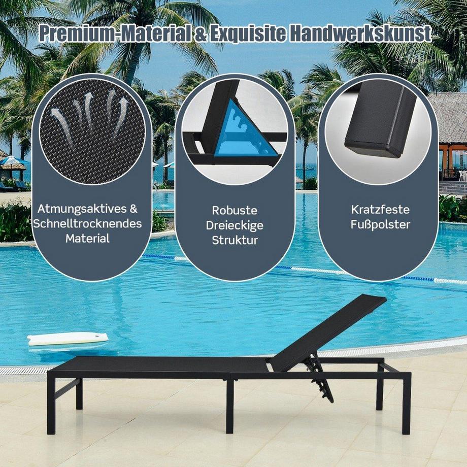 Northix Sonnenliegestuhl für Außenbereich Anpassbarer Liegestuhl 64 x 198 x 67 - 103 cm Schwarz  