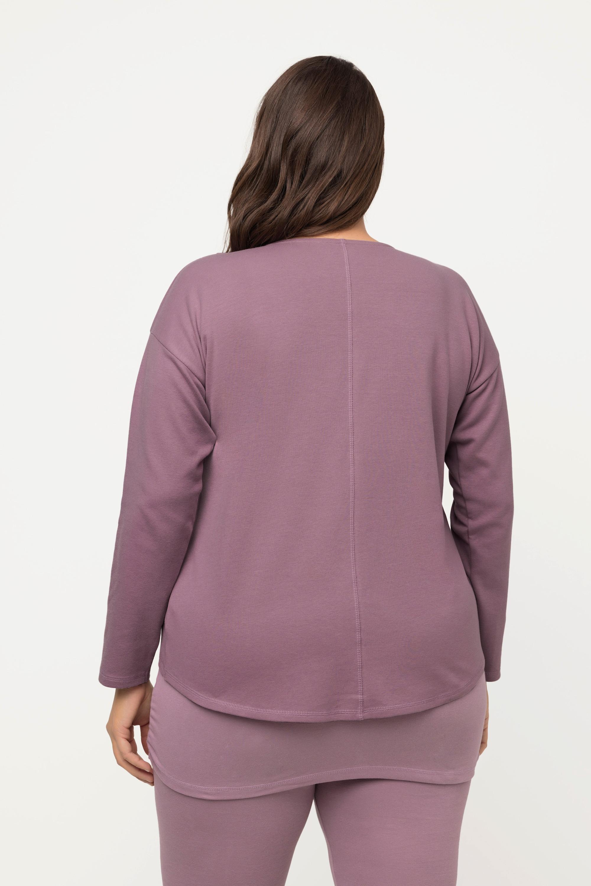 Ulla Popken  Maglia da yoga in cotone biologico con scollo con drappeggio, scollo a V e maniche lunghe 