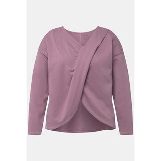 Ulla Popken  Maglia da yoga in cotone biologico con scollo con drappeggio, scollo a V e maniche lunghe 