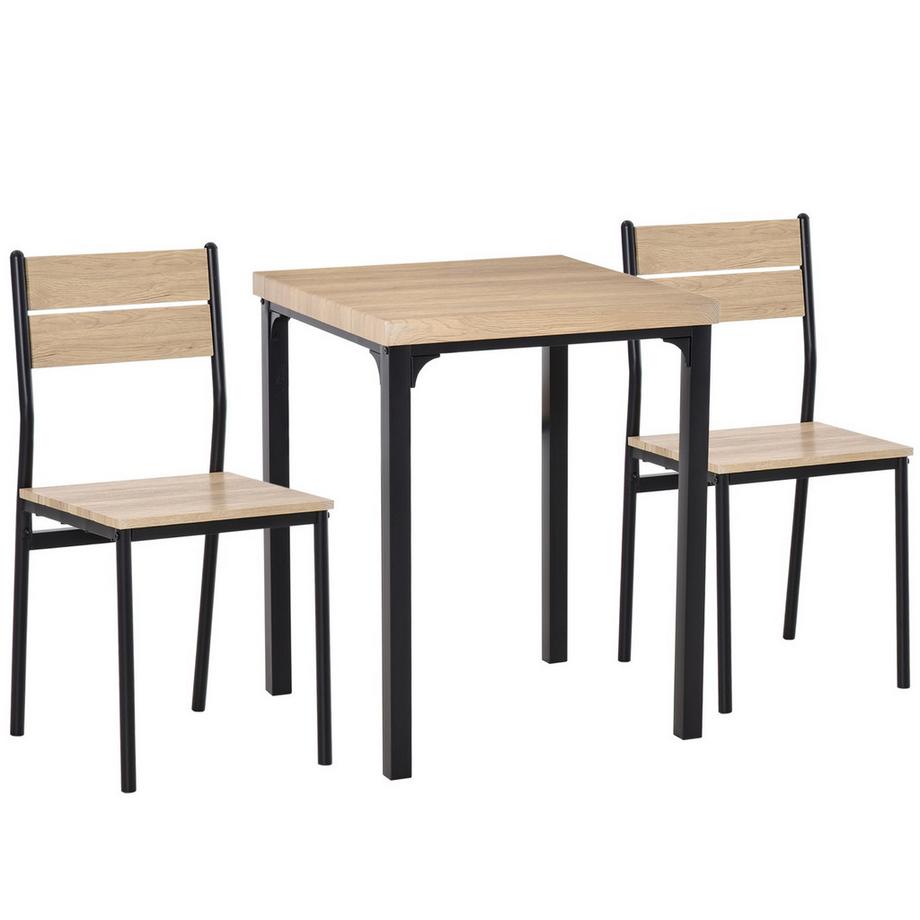 3-Teilige Essgruppe Sitzgruppe Mit Holztisch Mdf + Metall, Naturholzmaserung + Schwarz, 1 Tisch + 2 Stühle