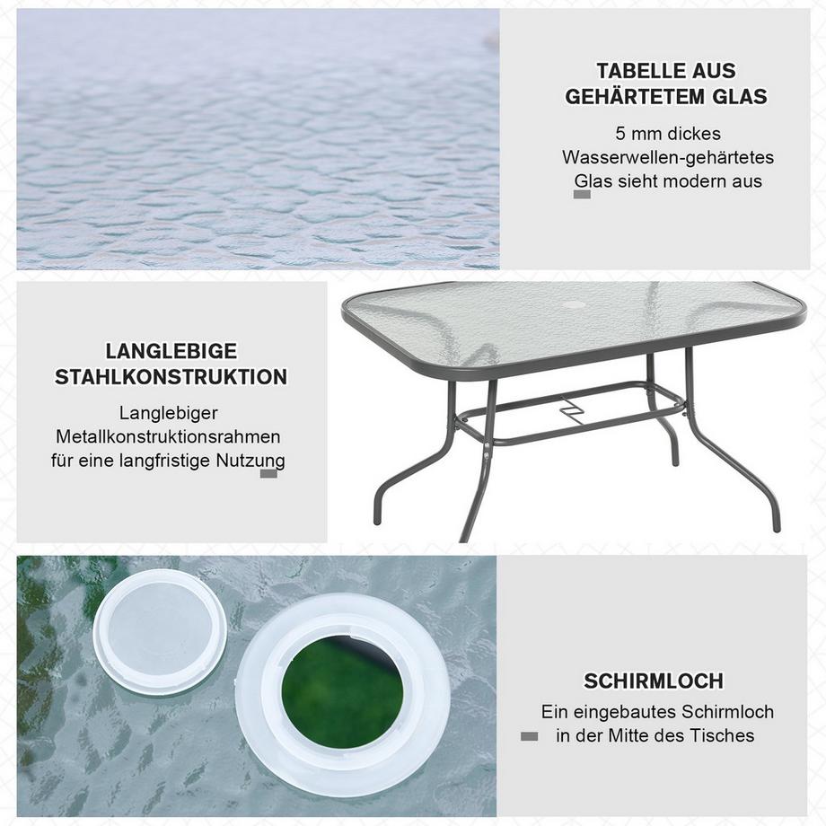Northio Gartentisch Bistrotisch Balkontisch Garten Beistelltisch Gartenmöbel Mit Glasplatte Schirmloch Hartglas + Metall Carbongrau 120 X 80 X 70Cm  