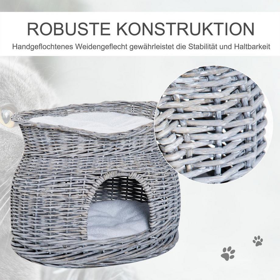 Northio  Rattan Katzenkorb Elegante Katzenhütte Mit Kissen Und Liegedach, Haustierbett Aus Wasserhyazinthe, Grau, Für Wohnzimmer 