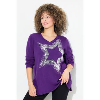 Ulla Popken  Maglione con stella di paillettes, scollo a V e maniche lunghe 