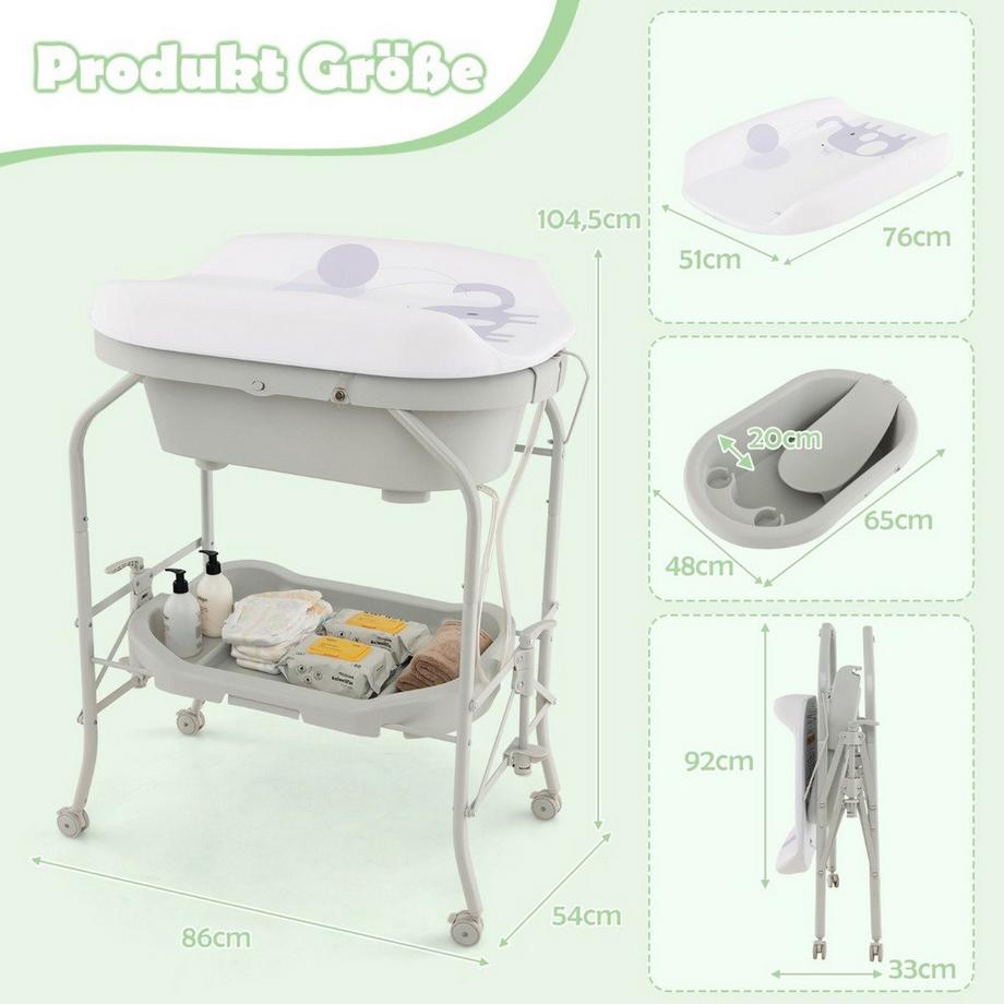 Northix  4 in 1 Klappbarer Wickeltisch mit Badewanne tragbare Wickelkommode mit Wickelauflage Hellgrau 