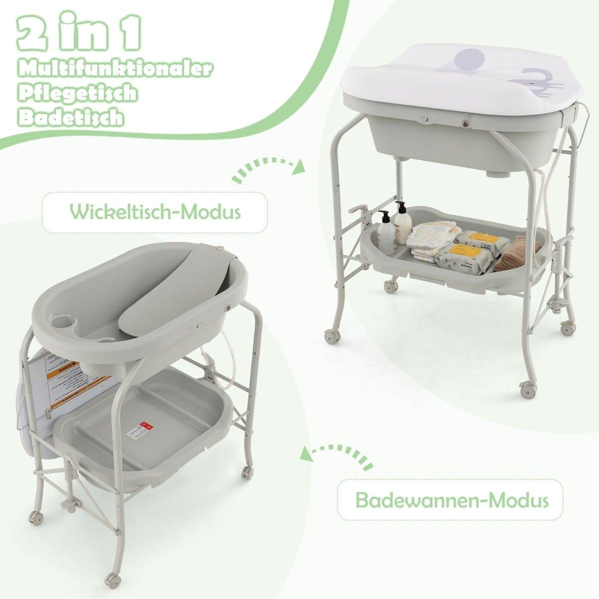 Northix  4 in 1 Klappbarer Wickeltisch mit Badewanne tragbare Wickelkommode mit Wickelauflage Hellgrau 