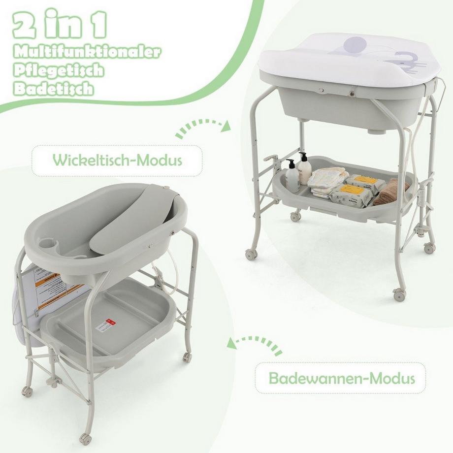 Northix  4 in 1 Klappbarer Wickeltisch mit Badewanne tragbare Wickelkommode mit Wickelauflage Hellgrau 