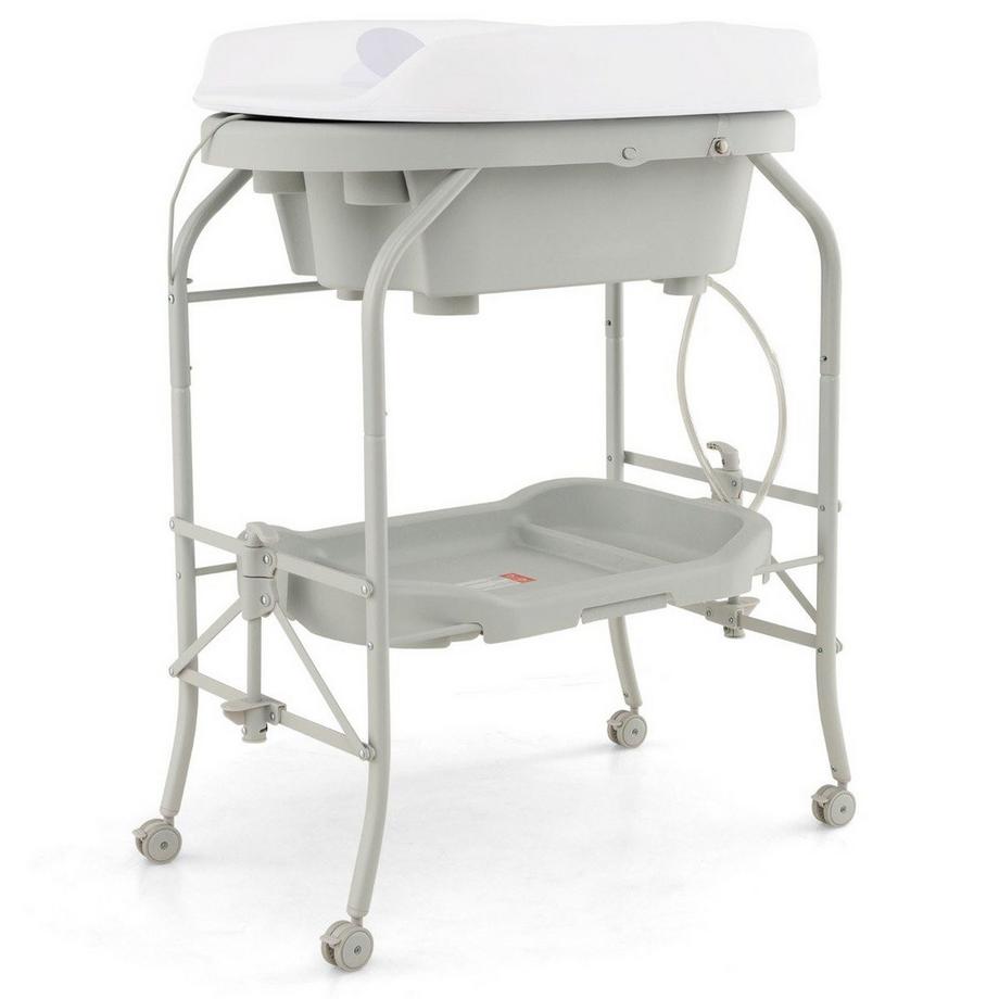 4 in 1 Klappbarer Wickeltisch mit Badewanne tragbare Wickelkommode mit Wickelauflage Hellgrau