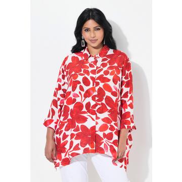 Blusa con fiori, orlo a punte, collo da camicia e maniche a 3/4