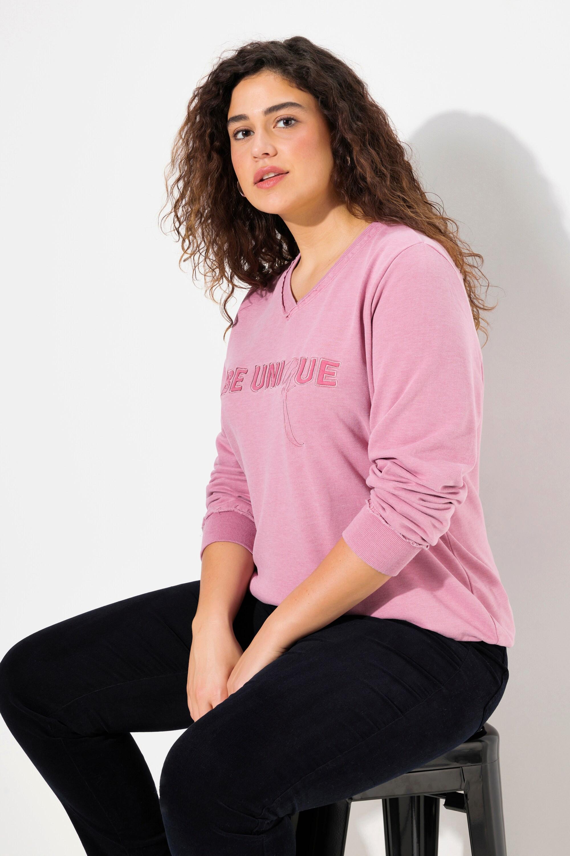 Ulla Popken Sweat-Pullover Schriftzug V-Ausschnitt Langarm  