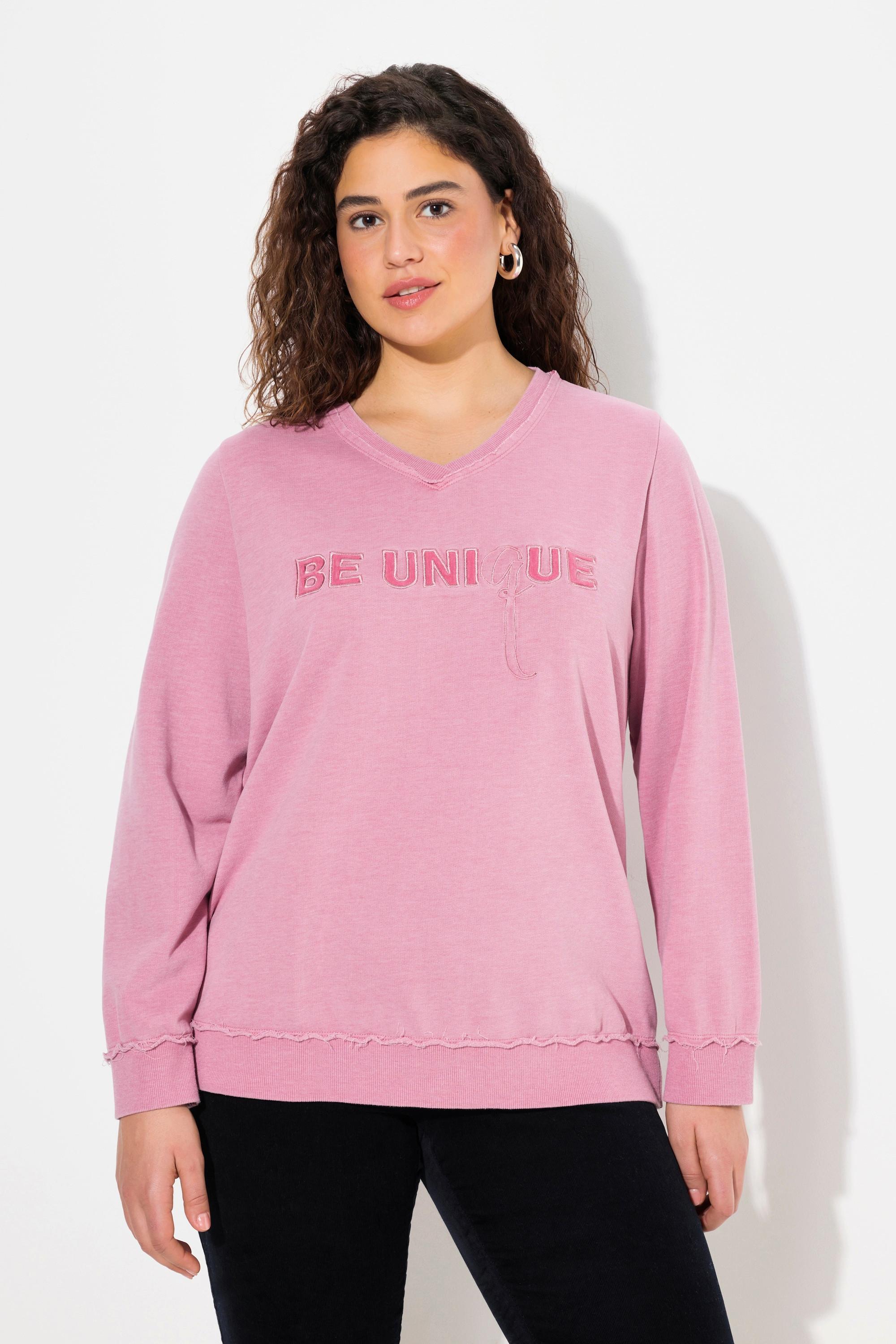 Ulla Popken Sweat-Pullover Schriftzug V-Ausschnitt Langarm  