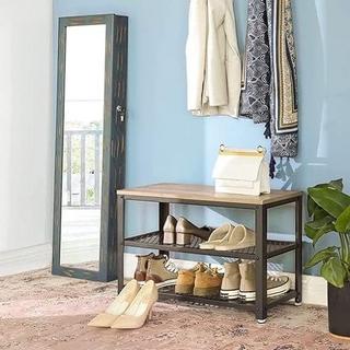 Calicosy Stilvolle Greige-Schuhbank mit 2 Regalen und Stahlrahmen  