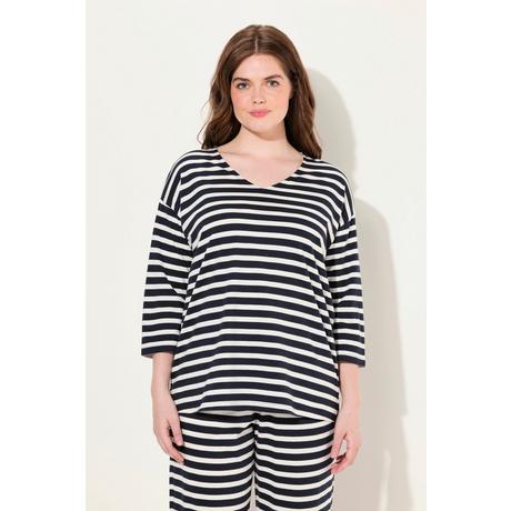 Ulla Popken  Pyjama-Shirt, Ringel, V-Ausschnitt, 3/4-Arm, Biobaumwolle 