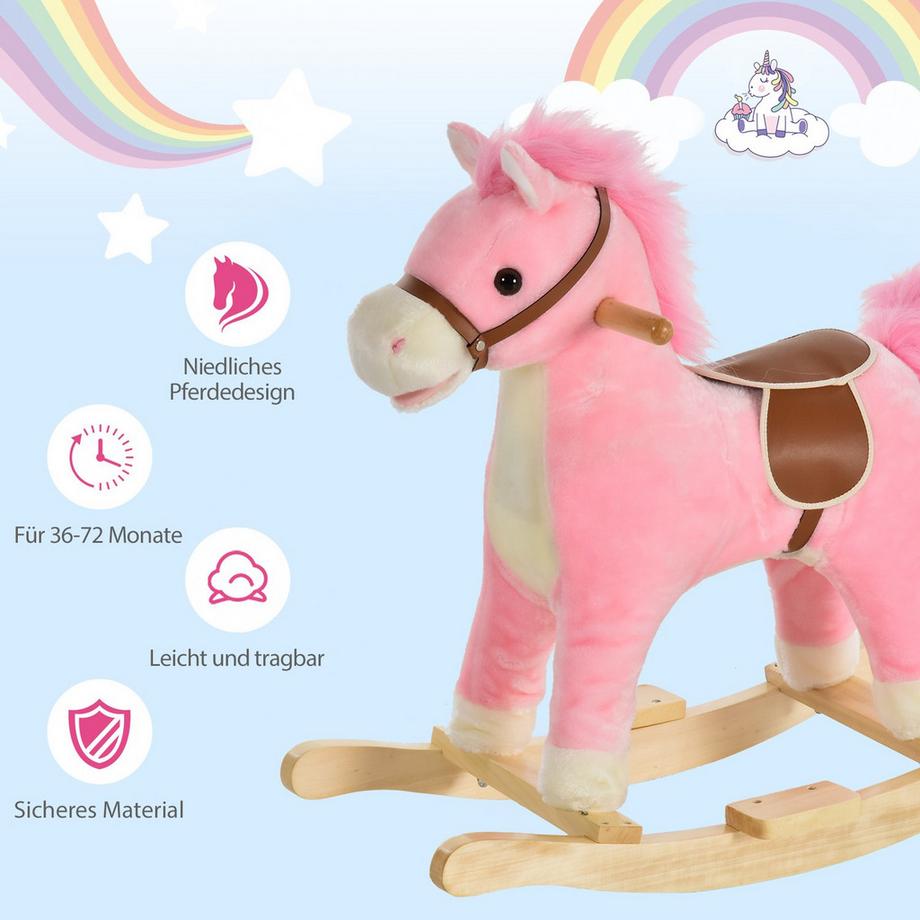 Northio  Cheval À Bascule En Peluche Rose Avec Sons D'Animaux, Jouet Pour 36-72 Mois, 65X32,5X61 Cm 