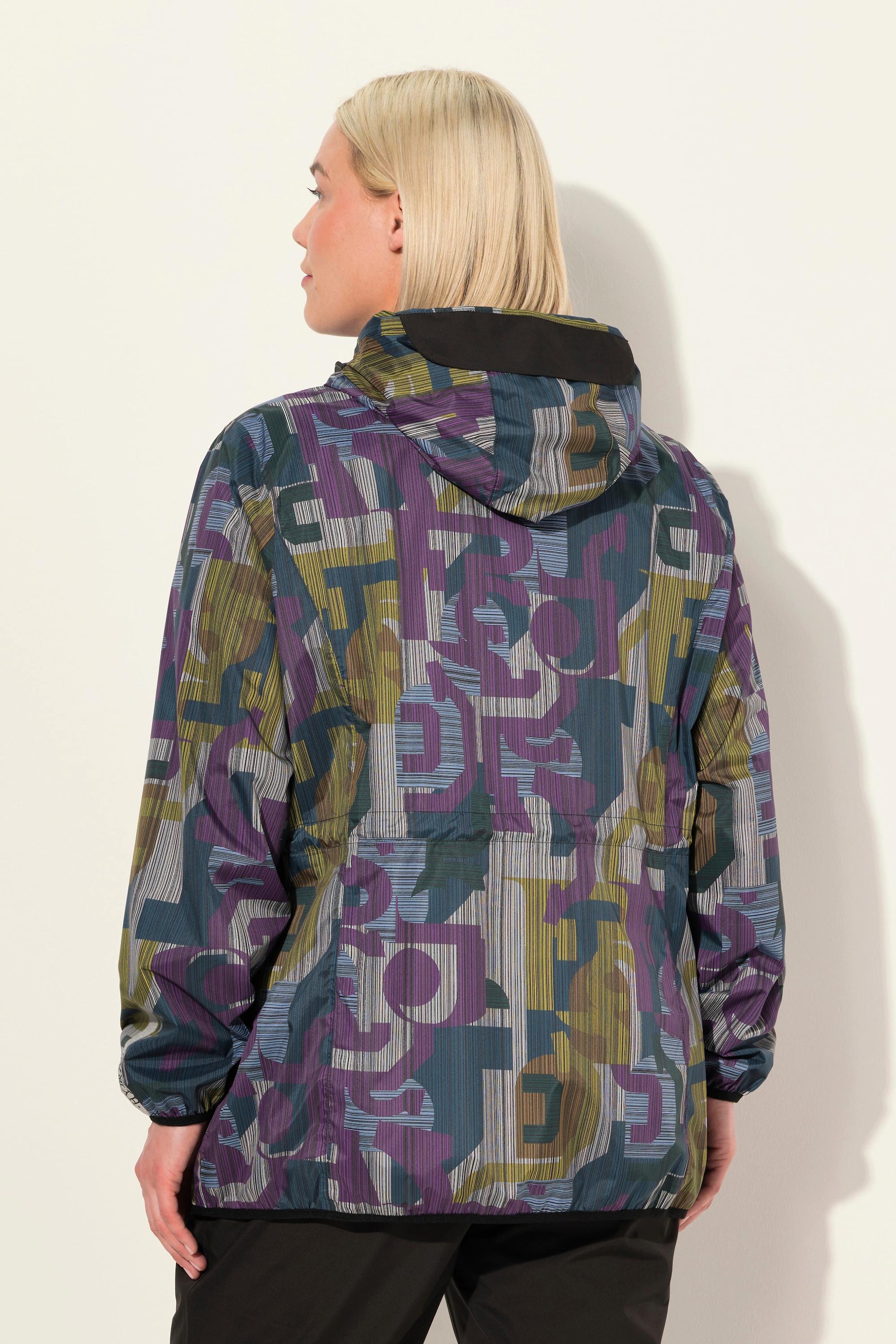 Ulla Popken Leichte Regenjacke mit geometrischem Druck wasserdicht 2-Wege-Zipper  