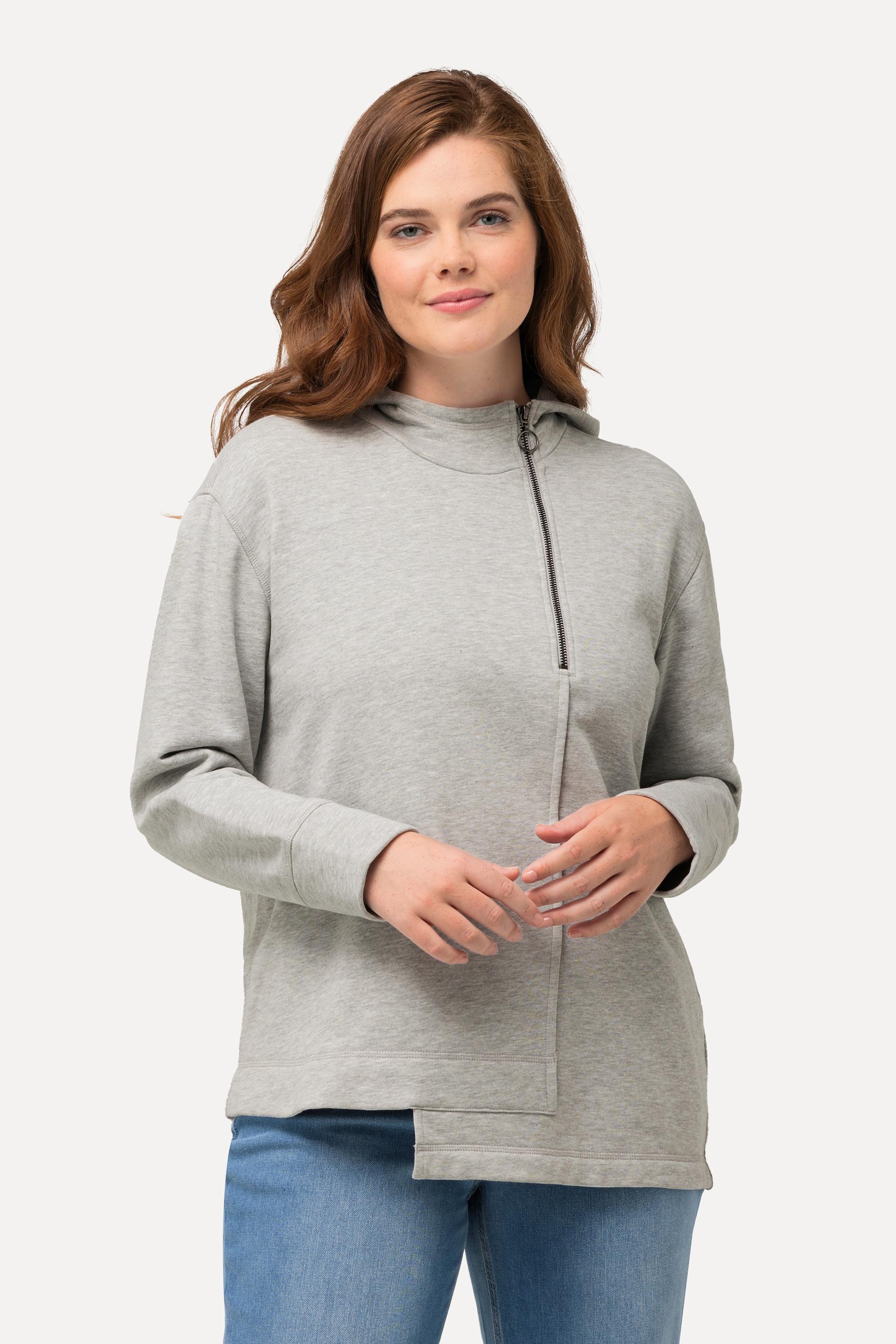 Ulla Popken  Sweat-shirt à capuche en coton bio. Fermeture à glissière et manches longues. 