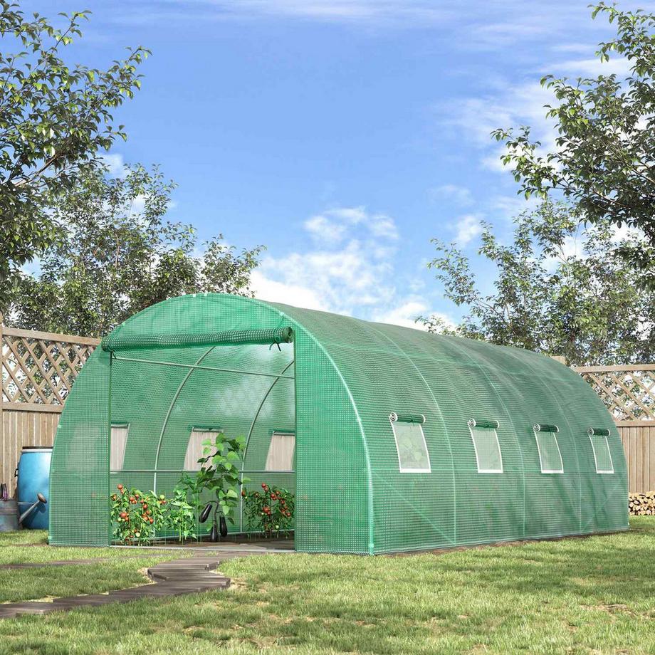 Northio Gewächshaus ca. 6 x 3 x 2 m Foliengewächshaus mit 8 Fenster, Rolltür, Aufrollbar Seitenwänden, UV-beständiger Folientunnel, Winterfest Tomatenhaus mit Erdanker, Grün  