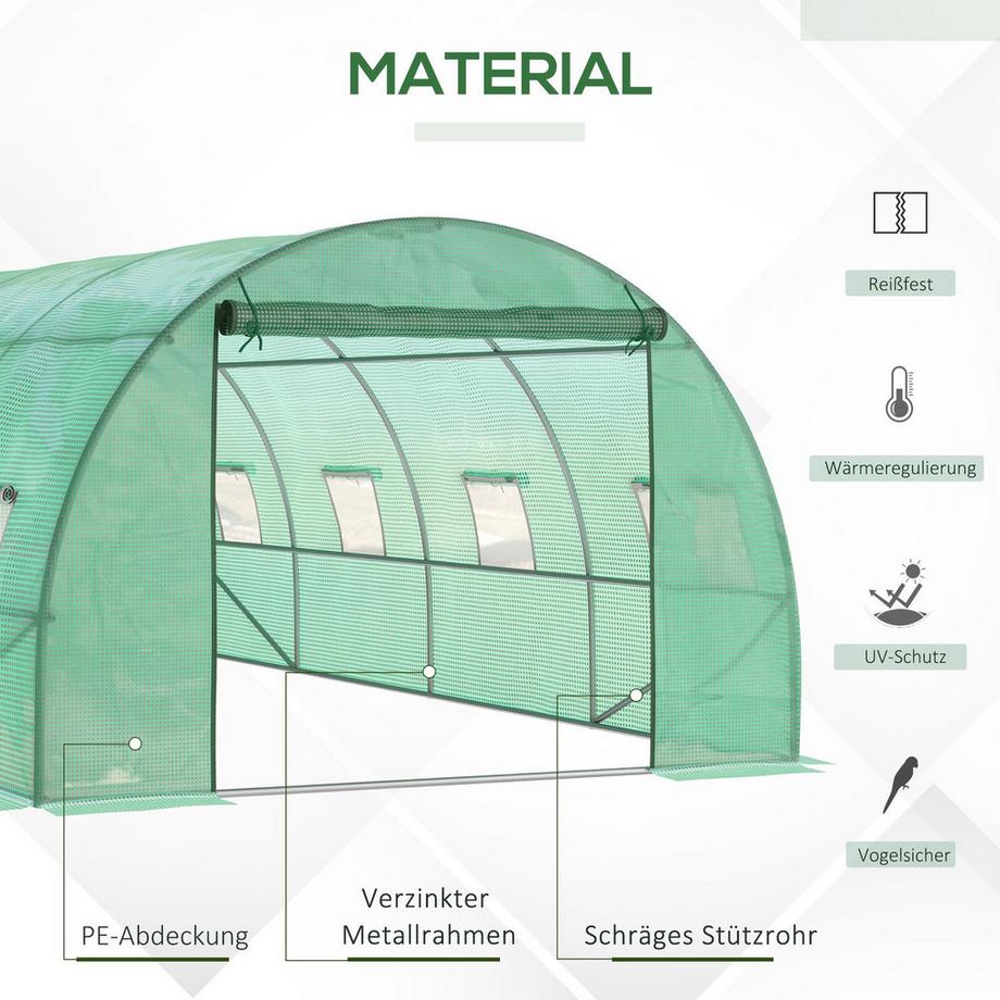 Northio Gewächshaus ca. 6 x 3 x 2 m Foliengewächshaus mit 8 Fenster, Rolltür, Aufrollbar Seitenwänden, UV-beständiger Folientunnel, Winterfest Tomatenhaus mit Erdanker, Grün  