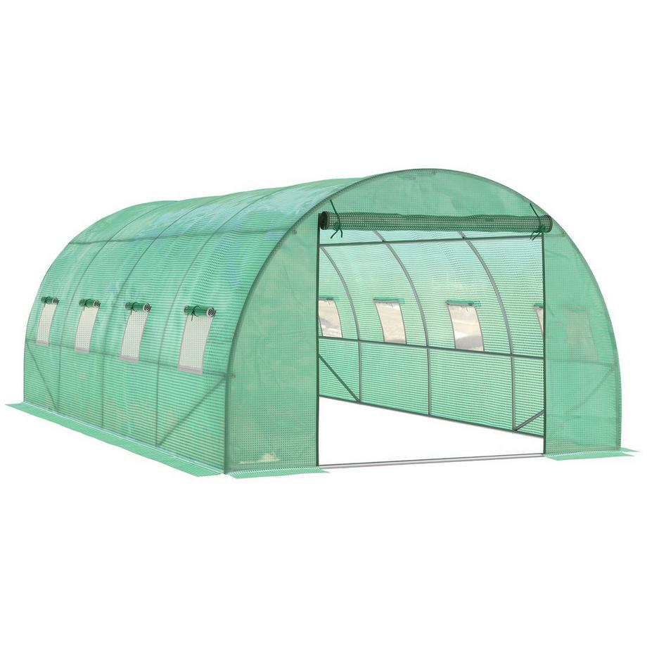 Gewächshaus ca. 6 x 3 x 2 m Foliengewächshaus mit 8 Fenster, Rolltür, Aufrollbar Seitenwänden, UV-beständiger Folientunnel, Winterfest Tomatenhaus mit Erdanker, Grün