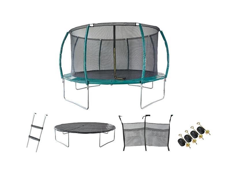 Image of Gartentrampolin mit Sicherheitsnetz + Leiter + Abdeckplane + Verankerungsset 4WALLABY Grün