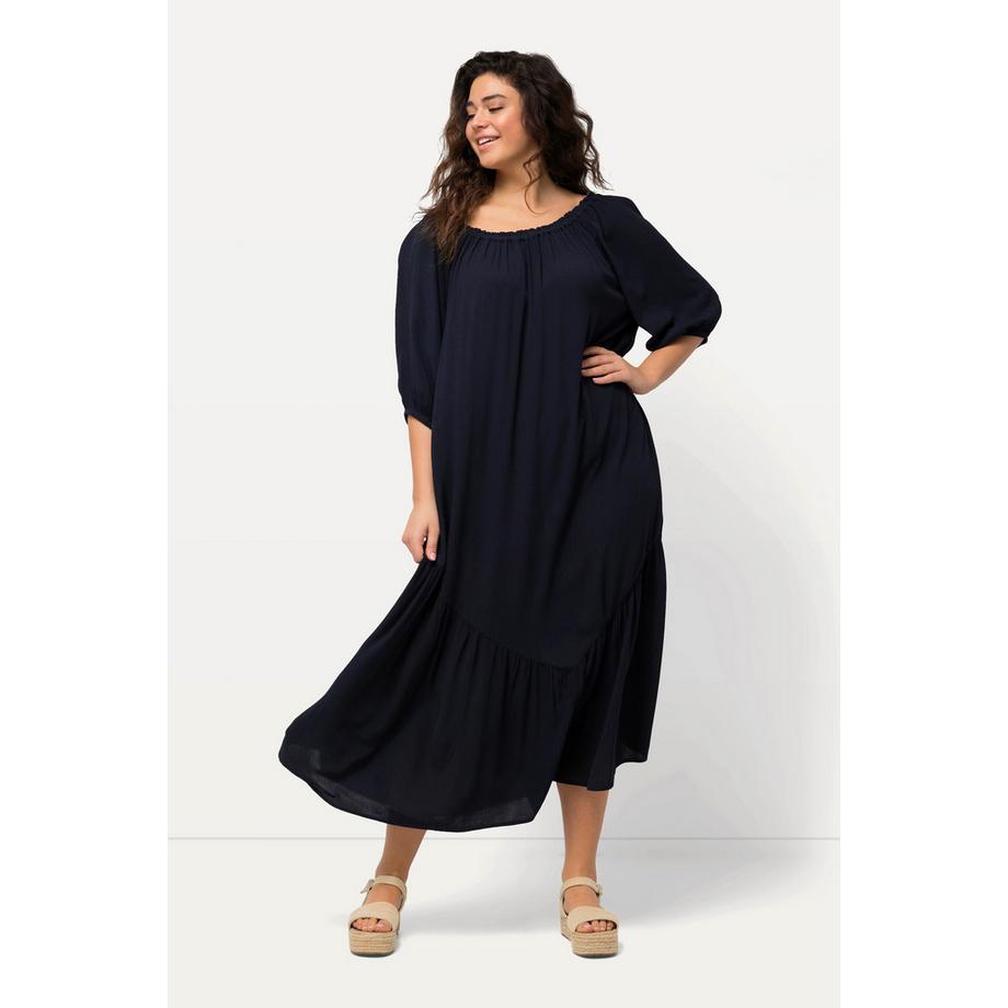 Ulla Popken Abito Midi Testurizzato Orlo Volant Collo Rotondo Mezza Manica  