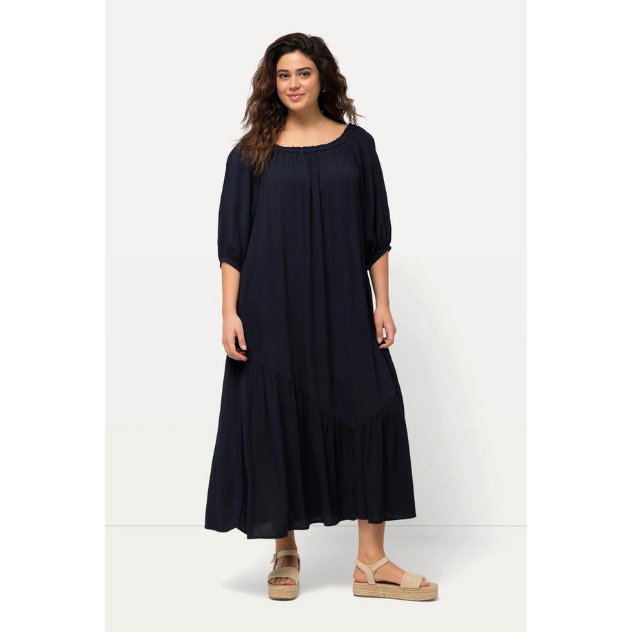 Ulla Popken Abito Midi Testurizzato Orlo Volant Collo Rotondo Mezza Manica  