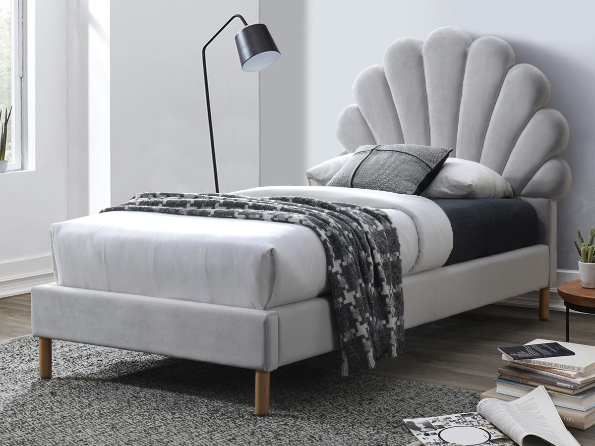 Vente-unique Lit coquillage 90 x 190 cm - Velours - Gris clair + Matelas - MOANA  