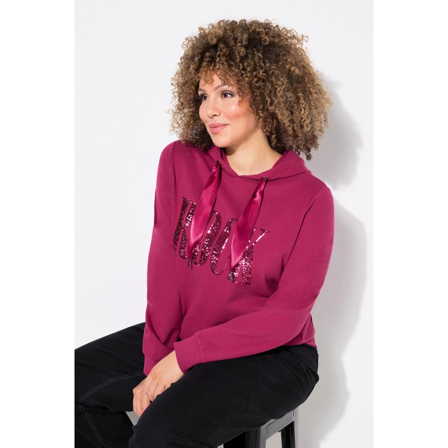 Ulla Popken Hoodie Pailletten-Schriftzug Langarm Kapuze  