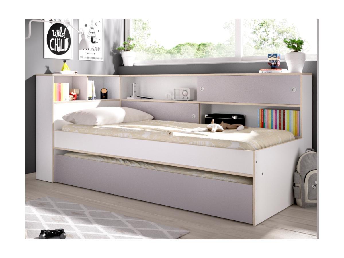 Vente-unique Lit gigogne avec rangements - 90 x 200 et 90 x 190 cm - Blanc et gris + Sommier - LOSIANA  