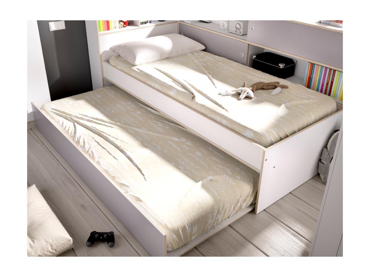 Vente-unique Lit gigogne avec rangements - 90 x 200 et 90 x 190 cm - Blanc et gris + Sommier - LOSIANA  