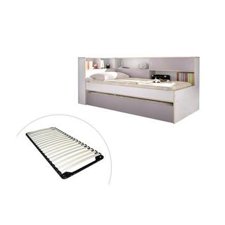 Vente-unique Lit gigogne avec rangements - 90 x 200 et 90 x 190 cm - Blanc et gris + Sommier - LOSIANA  