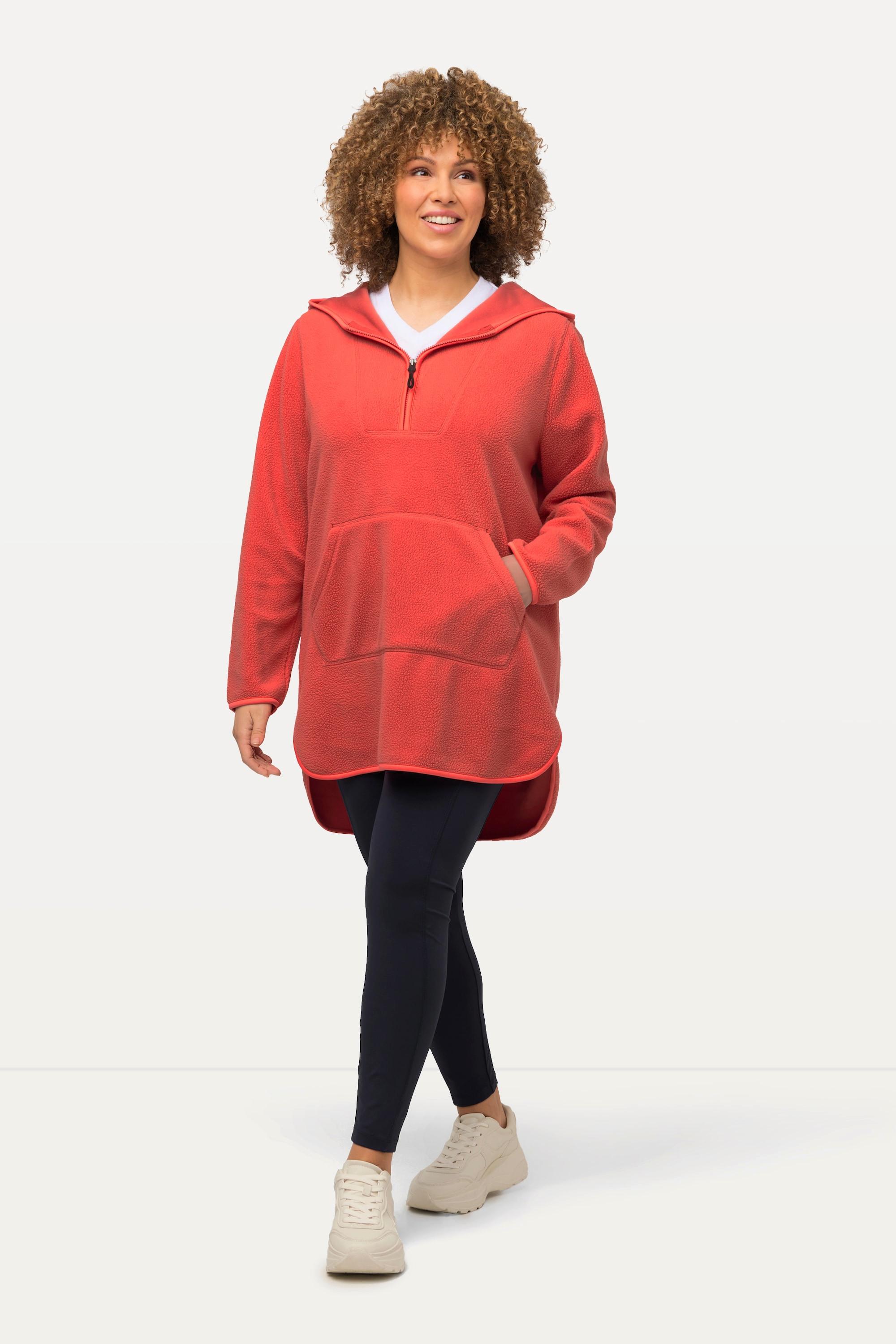 Ulla Popken  Pullover lungo di pellicciotto di pile con cappuccio, zip e maniche lunghe 