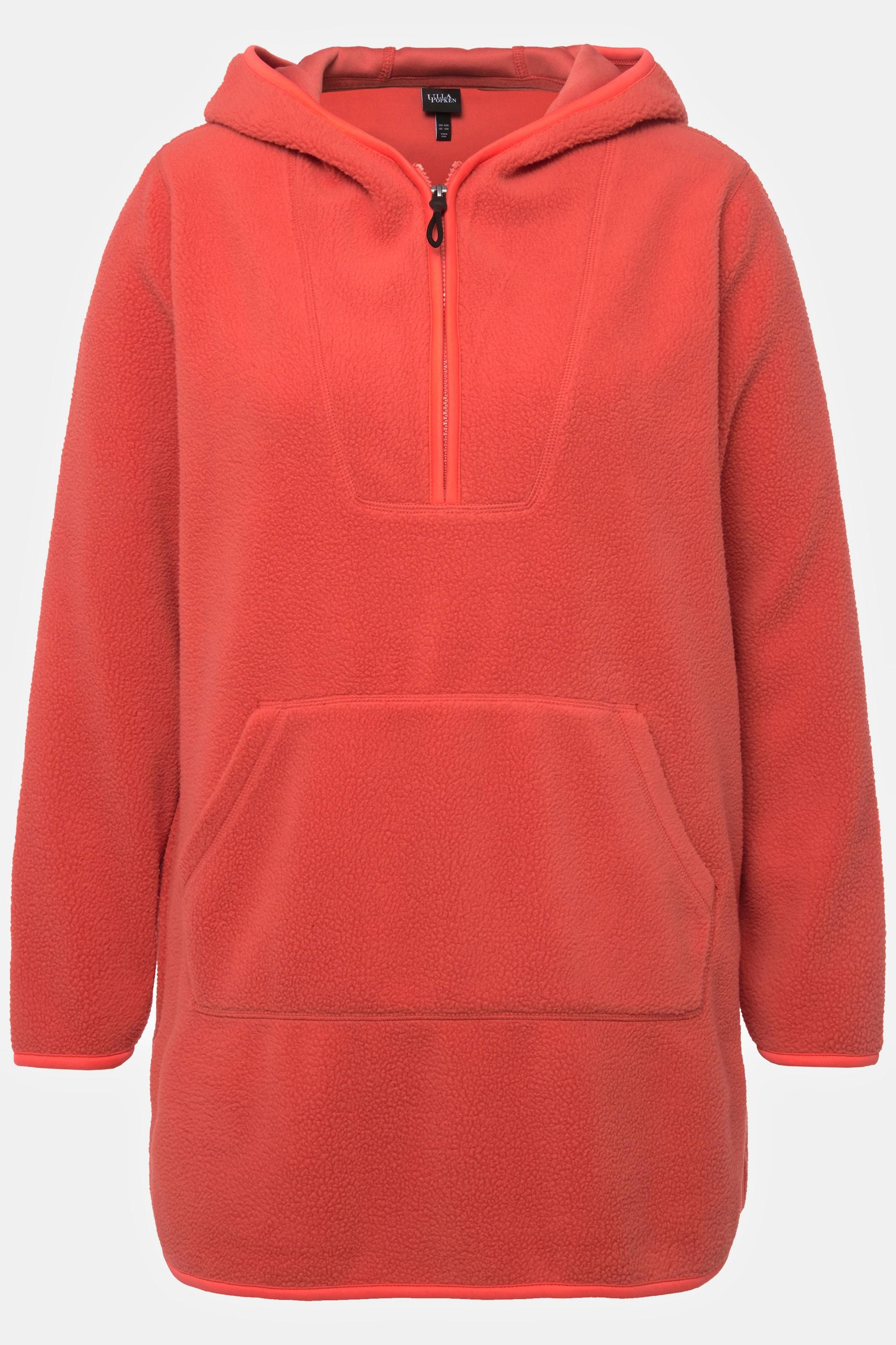 Ulla Popken  Pullover lungo di pellicciotto di pile con cappuccio, zip e maniche lunghe 