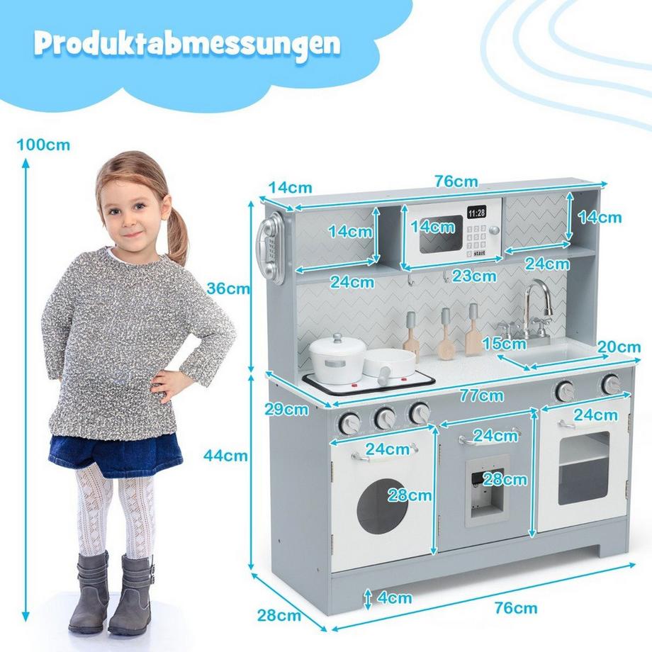 Northix  Kinderküche mit Realistischem Licht & Sound & Zubehöre 76 x 28 x 80 cm Grau 