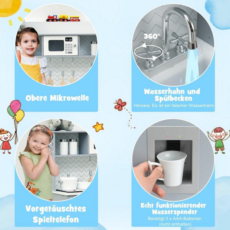 Northix  Kinderküche mit Realistischem Licht & Sound & Zubehöre 76 x 28 x 80 cm Grau 