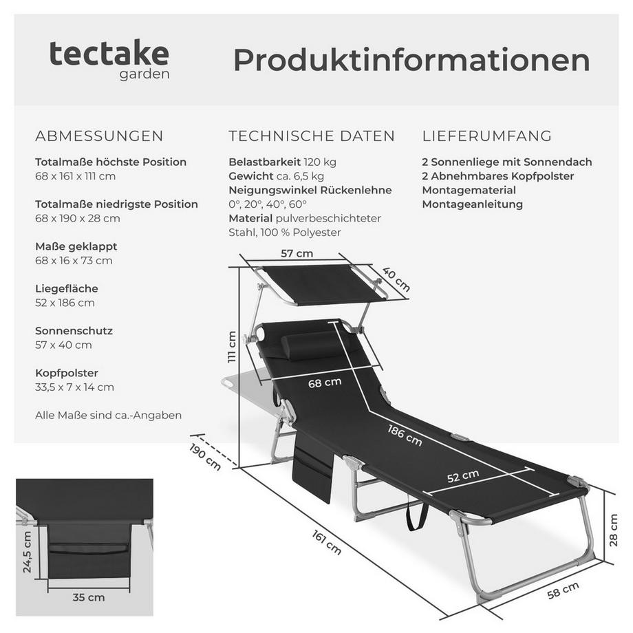 Tectake 2er Set Sonnenliege Chloé klappbar  stufenlos verstellbares Sonnendach  