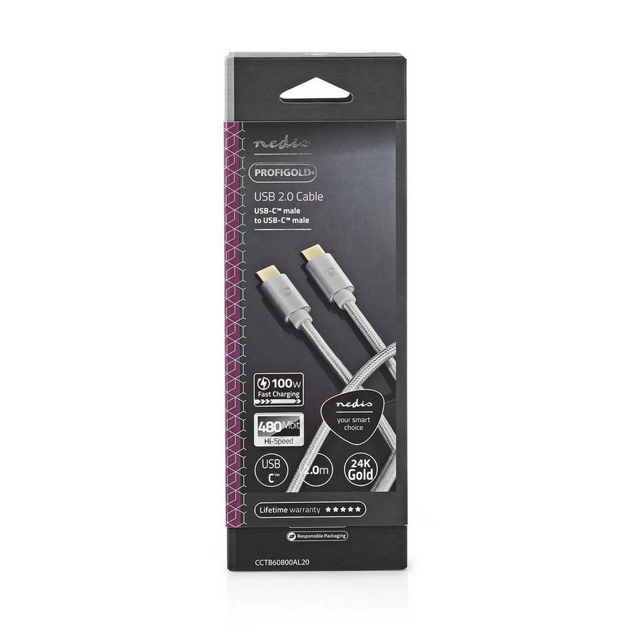 Nedis  Cavo USB | USB 2.0 | USB-C™ Maschio | USB-C™ Maschio | 100 W | 480 Mbps | Placcato oro | 2,00 m | Rotondo | Intrecciato / Nylon | Argento | Scatola con finestra coperta 