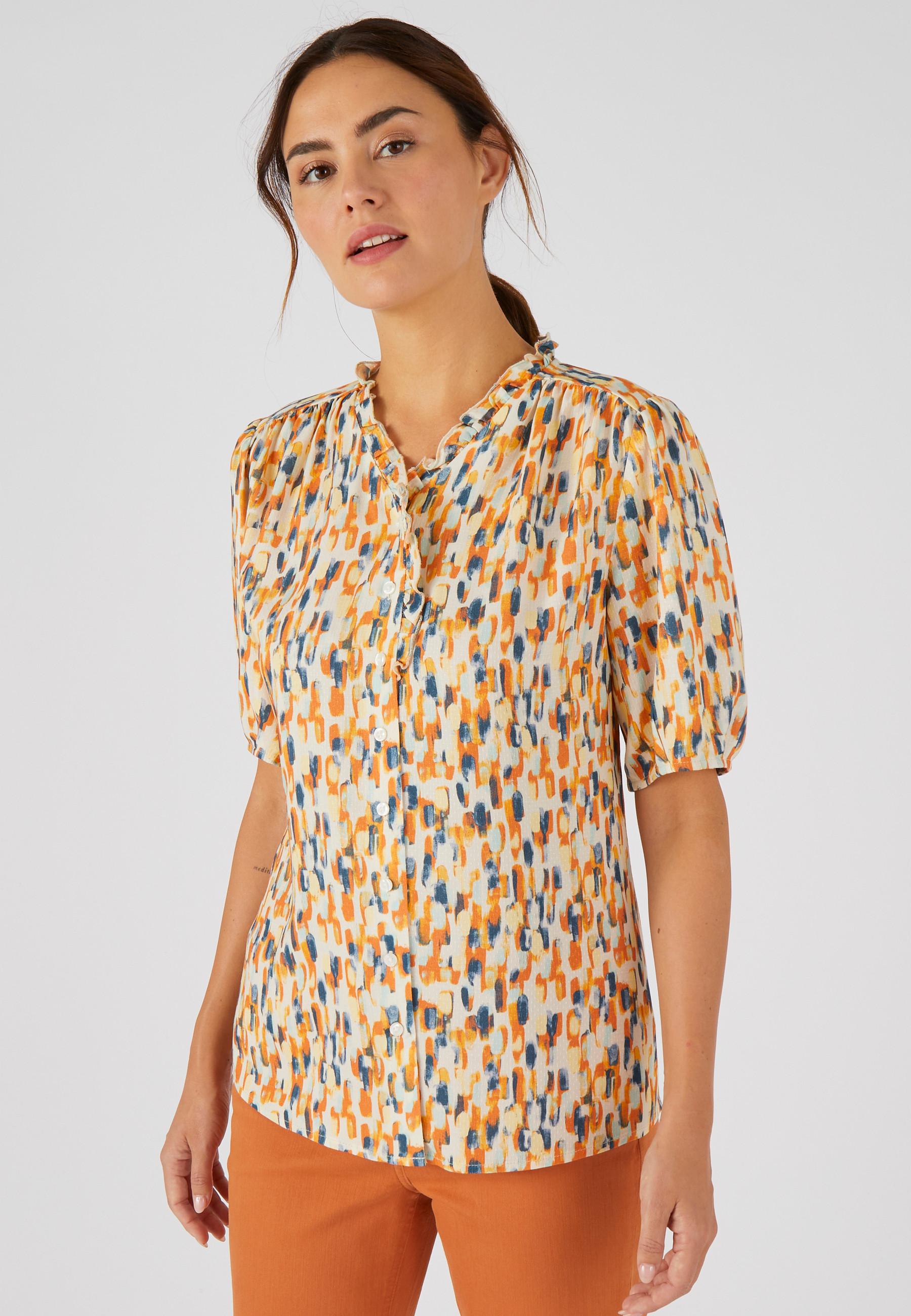 Image of Geblümte Jacquard-bluse Mit Reliefstruktur, V-ausschnitt Mit Volants, Schulterpasse Angerüscht. Damen Weiss E/38