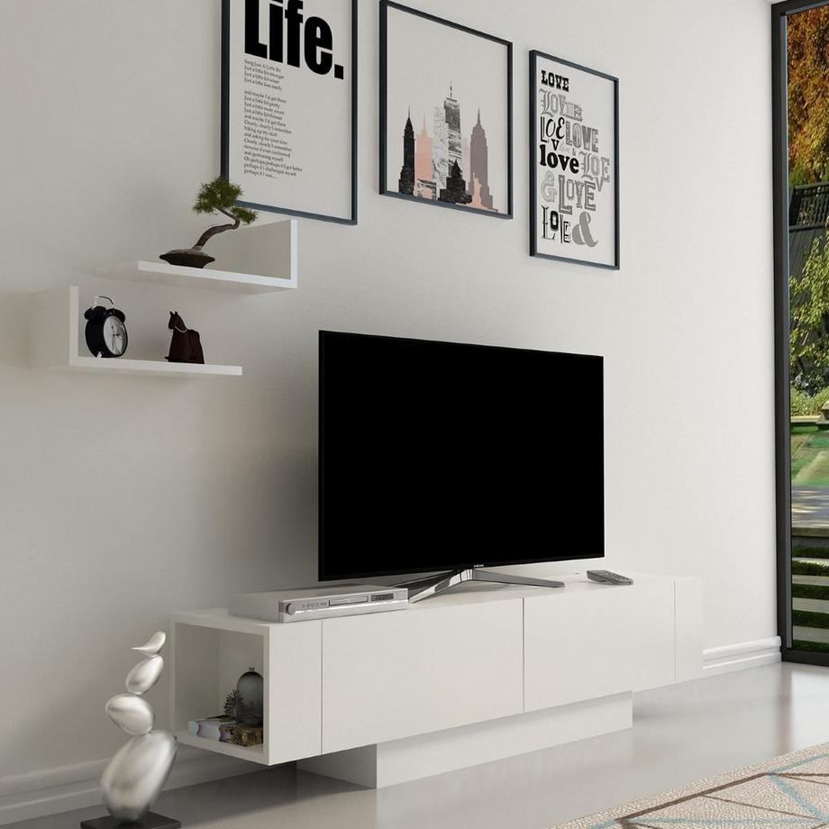 Calicosy Meuble TV 2 portes et 2 étagères murales blanc L150 cm - Matera  