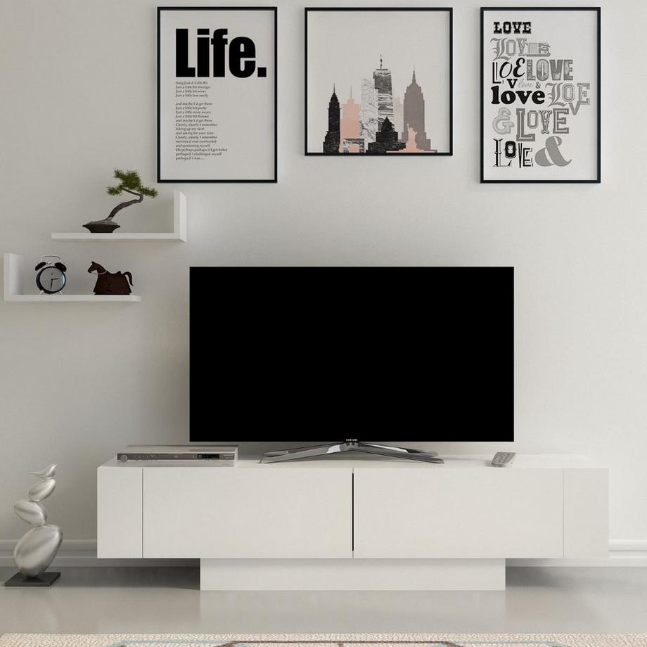 Calicosy Meuble TV 2 portes et 2 étagères murales blanc L150 cm - Matera  