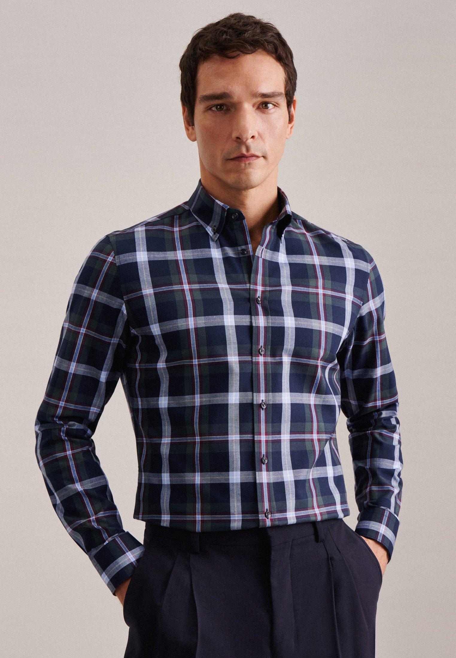 Image of Flanellhemd Slim Fit Langarm Karo Herren Blau 38
