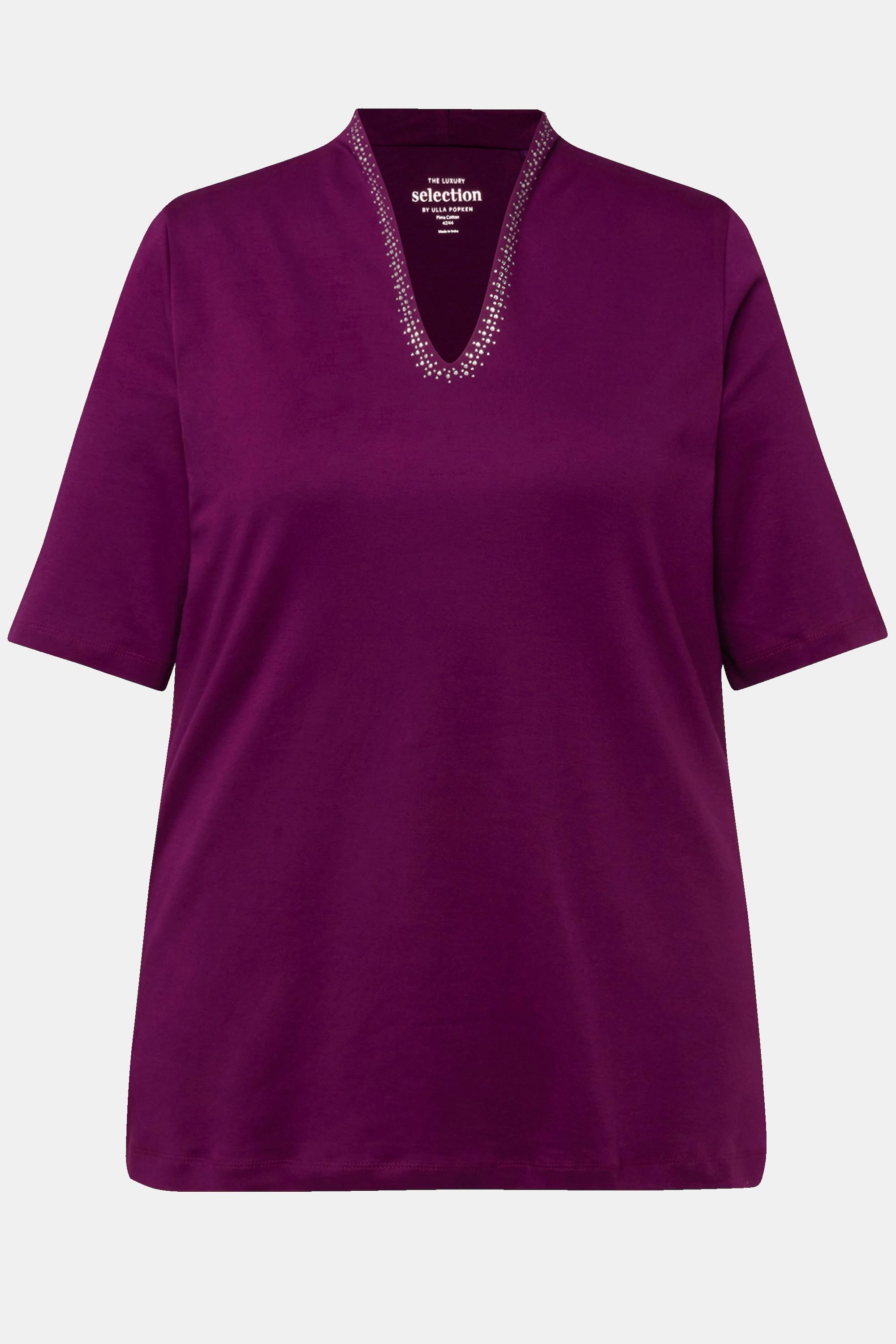 Ulla Popken  T-shirt dal taglio svasato in cotone Pima con scollo montante e mezze maniche 