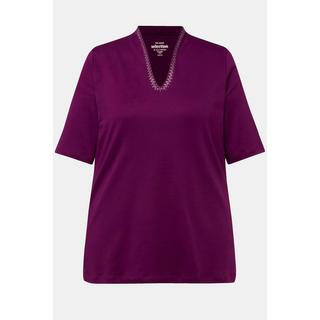 Ulla Popken  T-shirt dal taglio svasato in cotone Pima con scollo montante e mezze maniche 