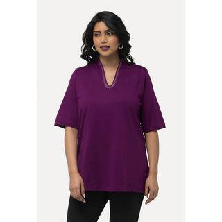 Ulla Popken  T-shirt dal taglio svasato in cotone Pima con scollo montante e mezze maniche 