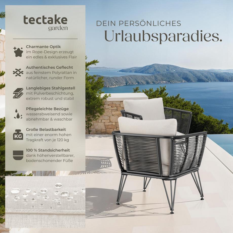 Tectake Garten-Loungesessel  Sundo rundes Polyrattan im Rope-Design Dicke der Sitzpolster 8 cm  
