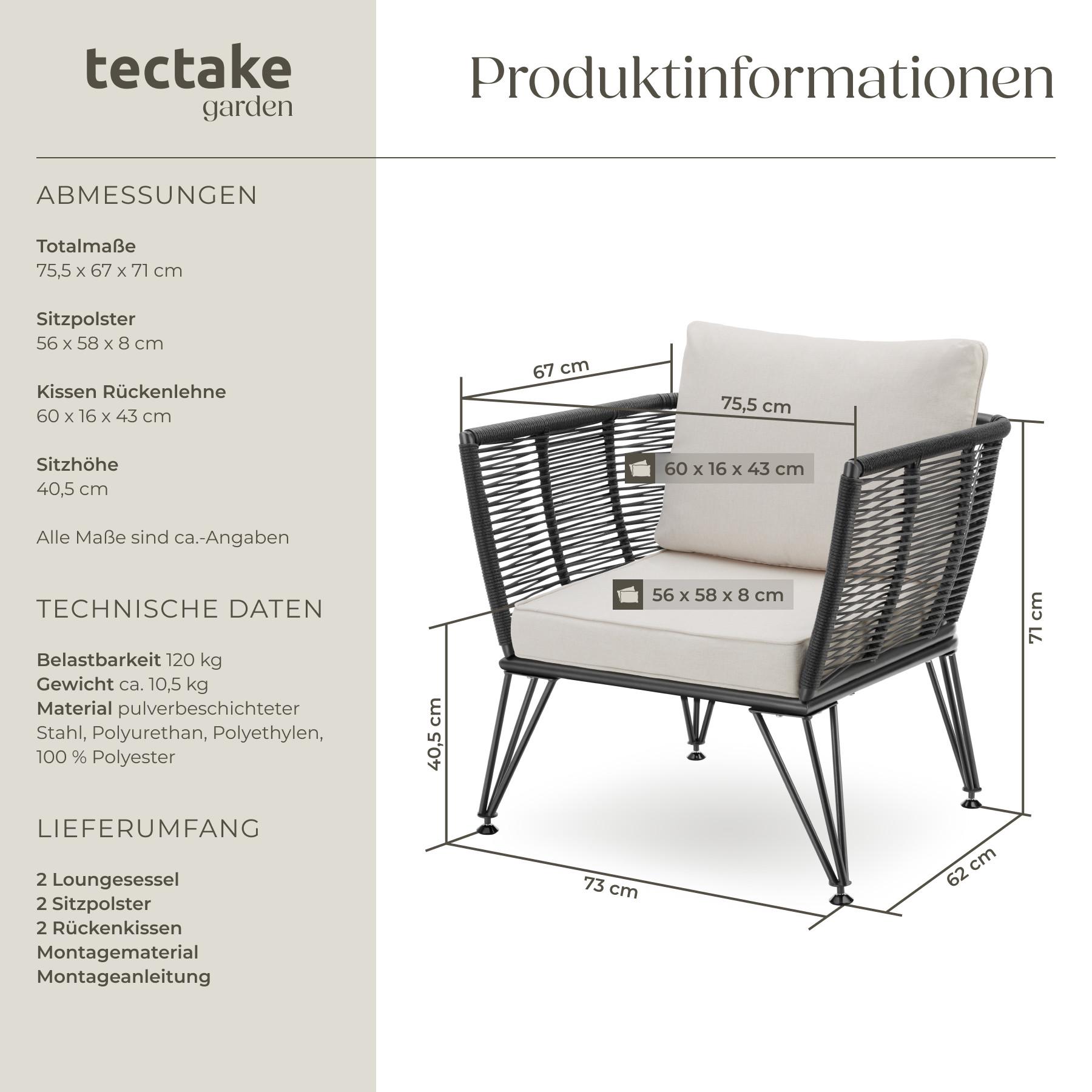 Tectake 2er Set Garten-Loungesessel Sundo im Rope-Design je 120 kg Belastbarkeit, höhenverstellbare Füße  